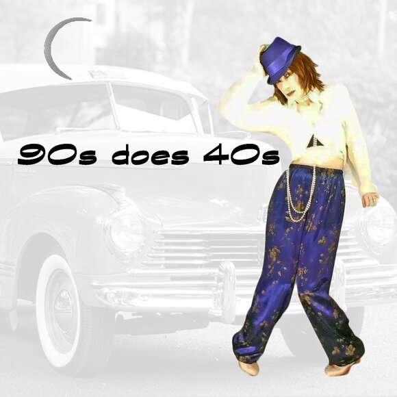 Satin Lounge Pants 40s Style Heavy Trousers Vintage Formal Pant Bluecore - Picture 1 of 11